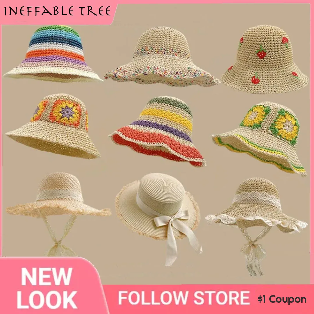 

Straw Hat Collection Spring Summer Korean Sweet Big Brim Straw Sun Hats for Women Seaside Sunscreen Bucket Basin Cap Casquette