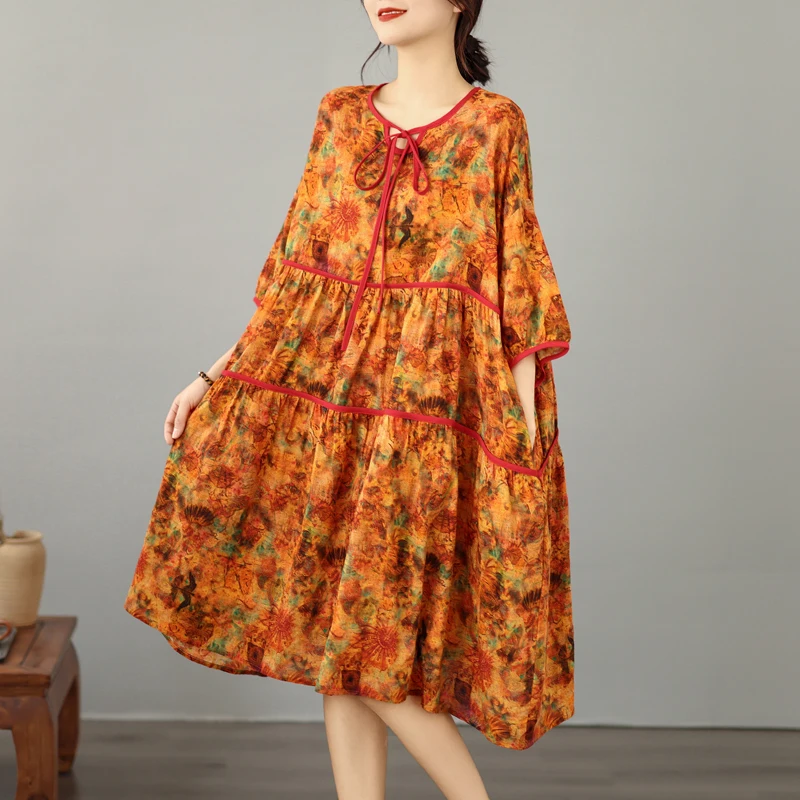 

Летнее хлопково-льняное платье большого размера с принтом, воротником и завязками, свободного кроя, элегантное, стройнящее, универсальное, в художественном стиле, с завышенной талией, А-силуэт