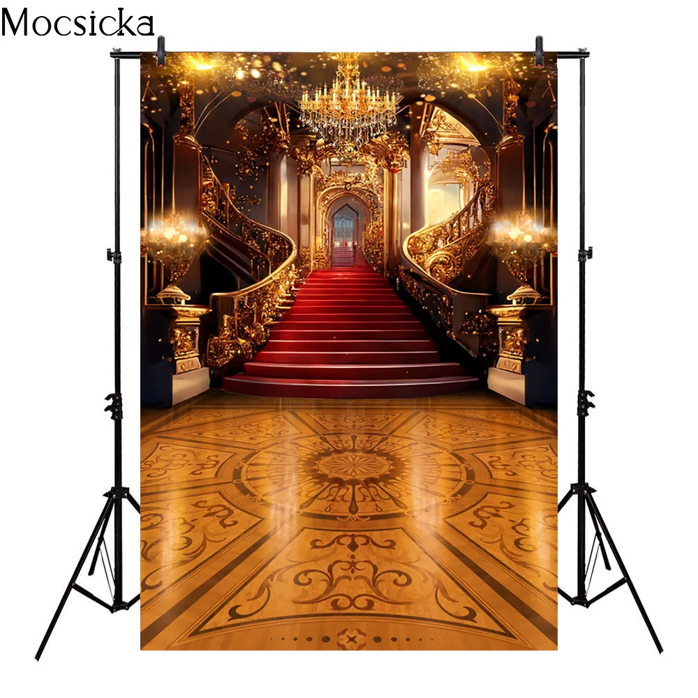 Gold Palace Background Red Carpet Wooden Floor Chandelier Royal Children Adult Portrait Photo Backdrop Photo Photography Props