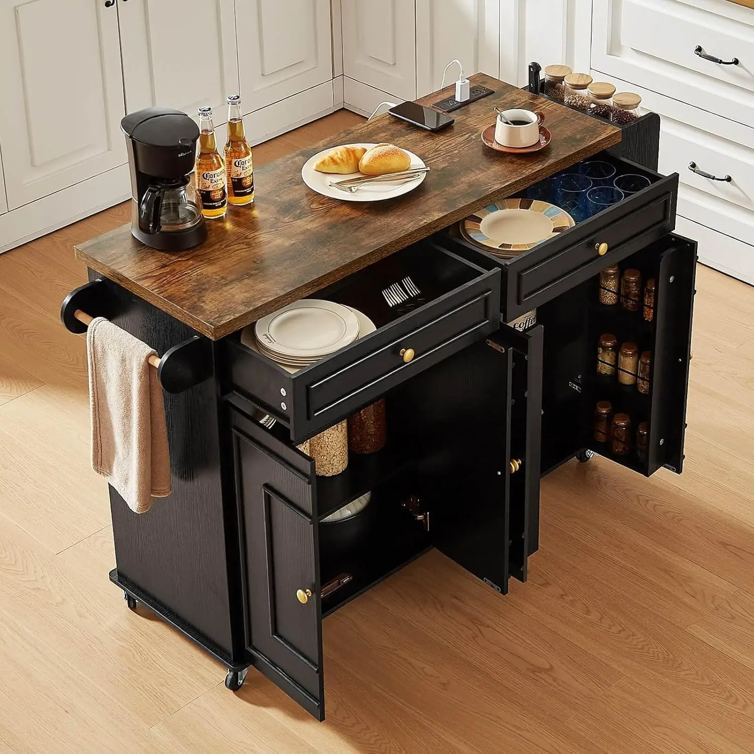 

58" Mobile Kitchen Island, Kitchen Island Cart , Kitchen Rolling Island with Spice Rack & Towel Rack & Knife Holder