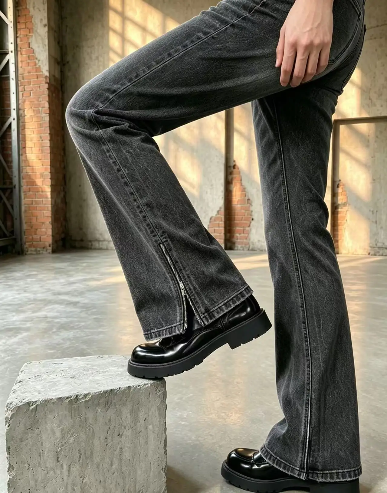 Trendy men's slightly flared jeans, versatile for going out, with zipper splits, gradient wash, Hong Kong style vintage look, sp