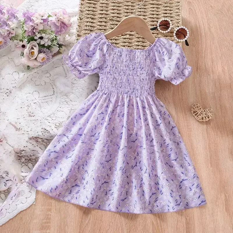 Dress Kids Girls 3-8 Years Dark Blue Floral Elastic One-Shoulder Dress for Girls Korean Style Casual Vacation Princess Dress