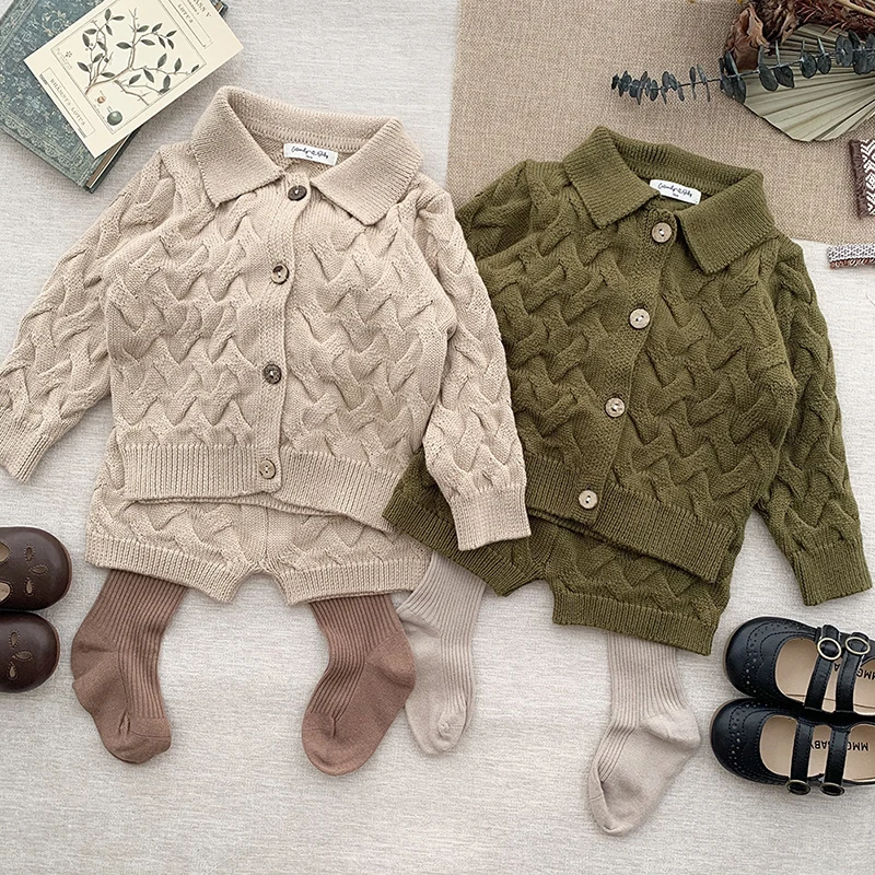 0-4Y Toddler Girls Boys Knit Suit Autumn Children Clothing Boys Girls Baby Knit Sweater Cardigan + Shorts Suit Baby Clothes Suit