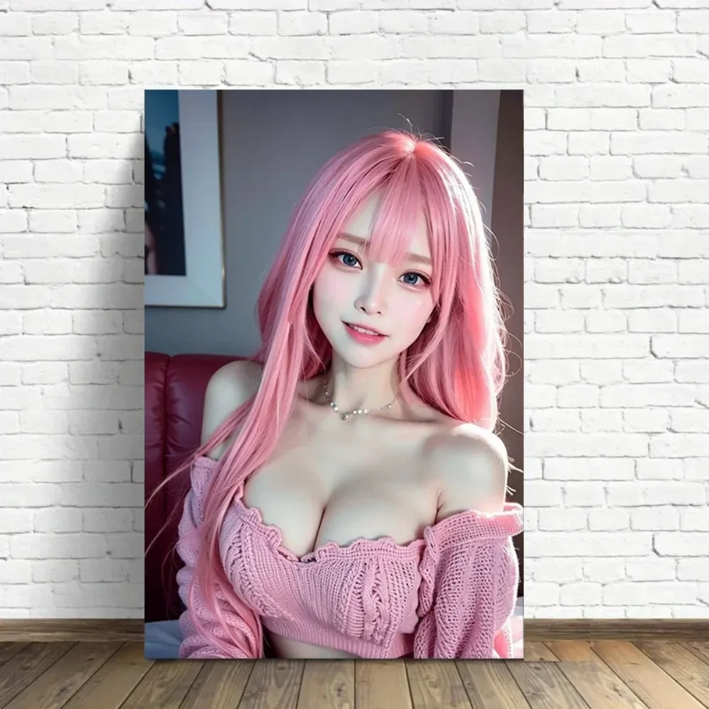 2D Metall-Blechschild Vintage Rosa Off-Shoulder Stricktop Wanddekoration für Schlafzimmer Bar Innenbereich Asiatisches Mädchen Sofa-Plakette