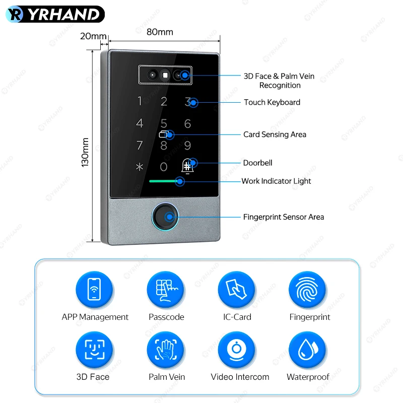 TTLOCK Biometric IP65 Waterproof face 100 Fingerprint Access Control Keypad supports G2 Gateway TTHotel TTRenting M1 RFID Reader