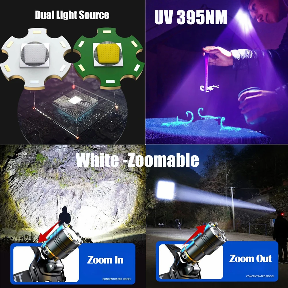 2 in 1 weiß UV 395nm Scheinwerfer USB wiederauf ladbar zoombar LED Scheinwerfer ultraviolette Laterne 4 Modi Skorpion Jagd Stirn lampe