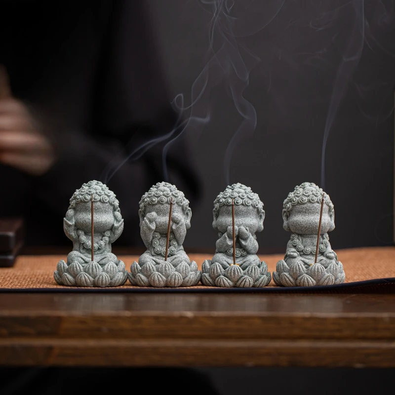 Handmade Zen Four Little Buddha Incense Holder Green Sandstone Table Decor Home Office Desk Ornament Creative Gift Box