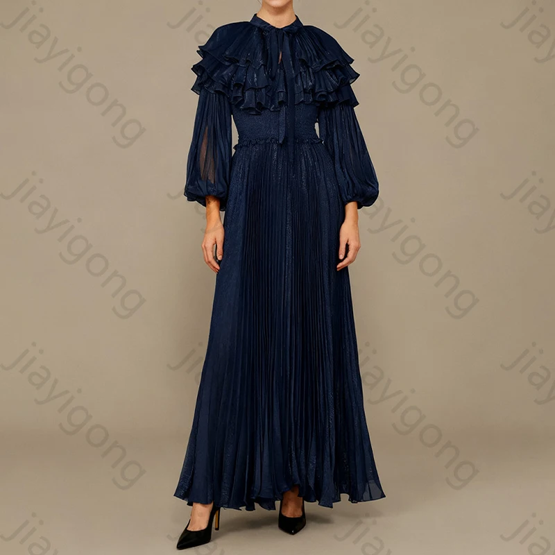 فساتين سهرة أنيقة على شكل حرف a وأكمام طويلة وطيات رائعة عالية الجودة أنيقة مكشكشة للحفلات الراقصة للنساء حسب الطلب