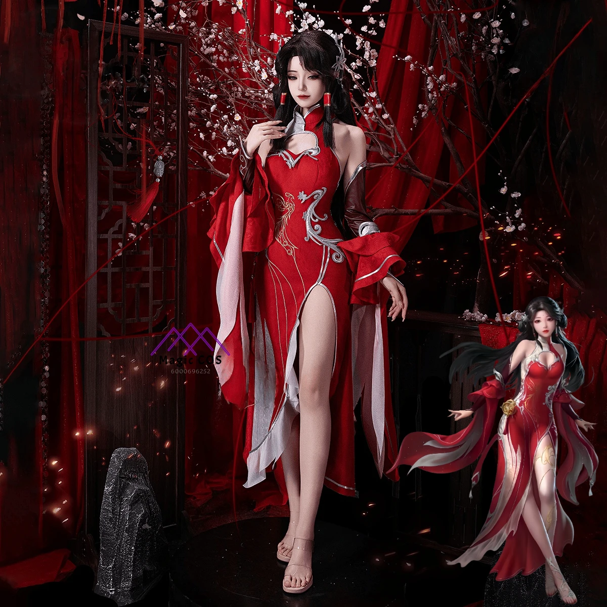 

Game Perfect World Cosplay Costume Anime Huoling'er Role Play High-quality Sexy Red Cheongsam for Women Comic Con Party Suit Wig