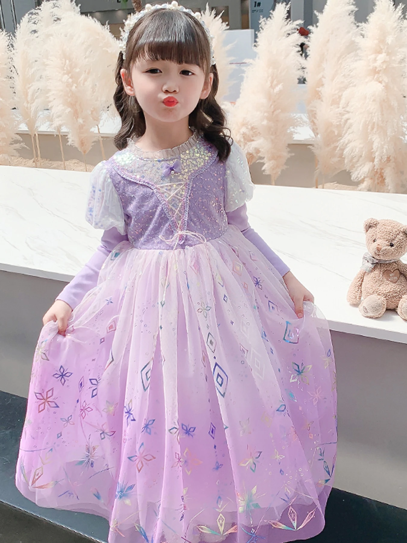 Hot sale new style girls princess dress, round neck, long sleeves, sequins, floral mesh dress, stage performance, party, banquet