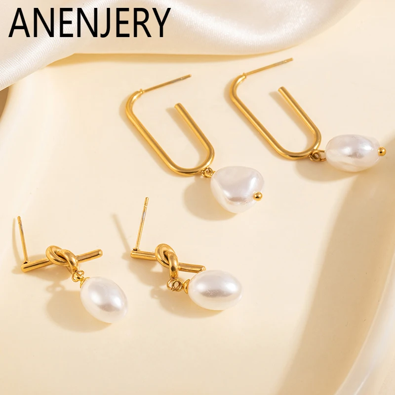 ANENJERY 316L Edelstahl U-förmige Knotenlinien Perlenanhänger Ohrringe für Damen, schlichter, temperamentvoller französischer Schmuck, Geschenke