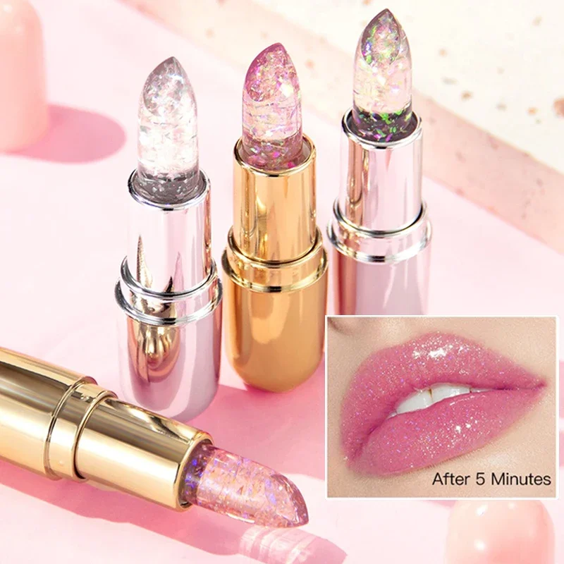 Lápiz labial de gelatina suave que cambia de Color, lápiz labial hidratante brillante, lentejuelas brillantes, bálsamo labial de sombra roja giratoria