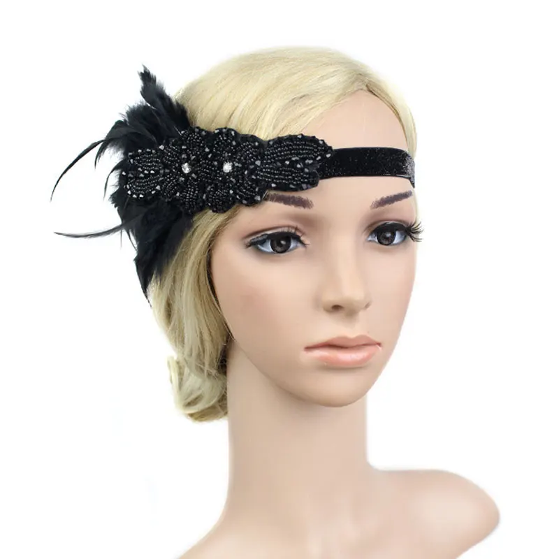 Flapper Feather Headband Hair Accessories Rhinestone Beaded Sequin Hairband for Women Vintage Gatsby Party Headpiece Headwear