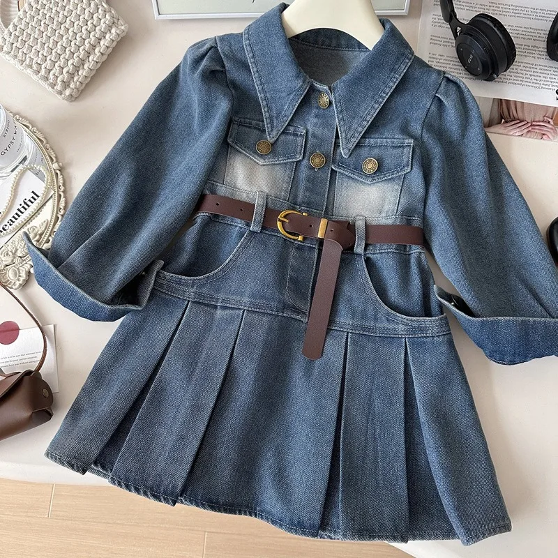 RAISE Autumn Kids Girl Denim Dress Turn Down Collar 2-10T Girl Long Sleeve Dress with Belt Casual Ruched Hem Children Girl Dress