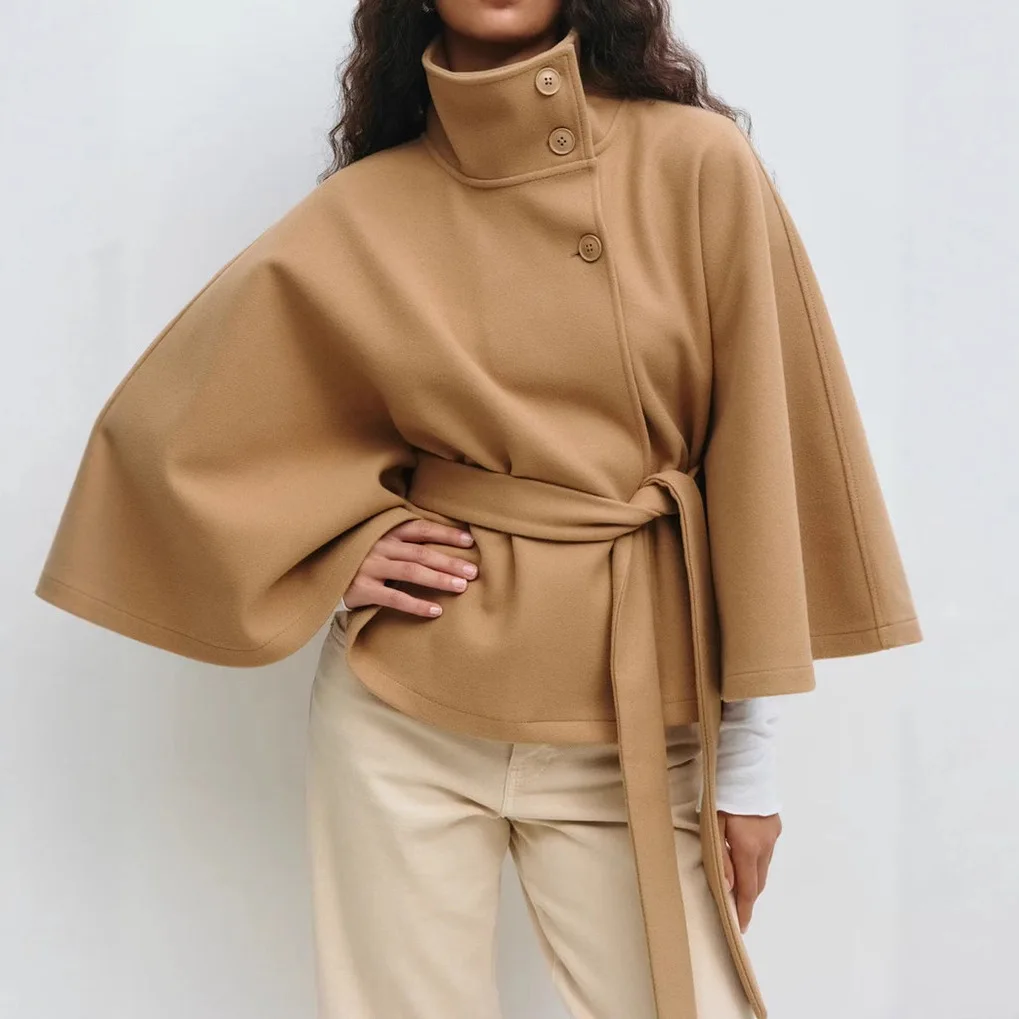 Women's Lace Up Woolen Cape Coats 2025 New Fashion Loose Stand Collar Batwing Sleeve Button Black Gray Jackets Autumn Streetwear