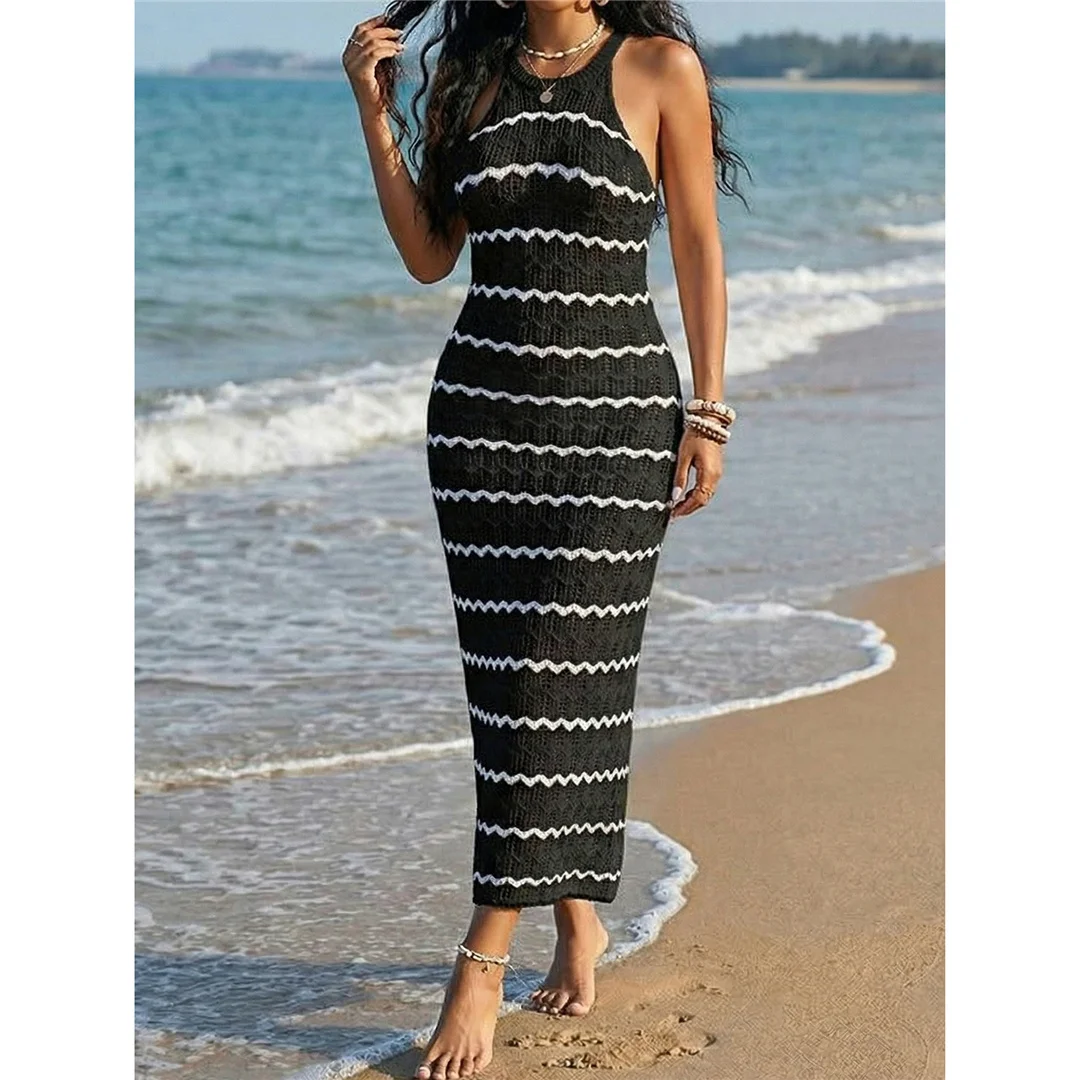 S - XL Neues gestreiftes, ärmelloses, gehäkeltes, gestricktes Tunikakleid, Strandkleid, Strandmode, Damen V8353 – Detail 10