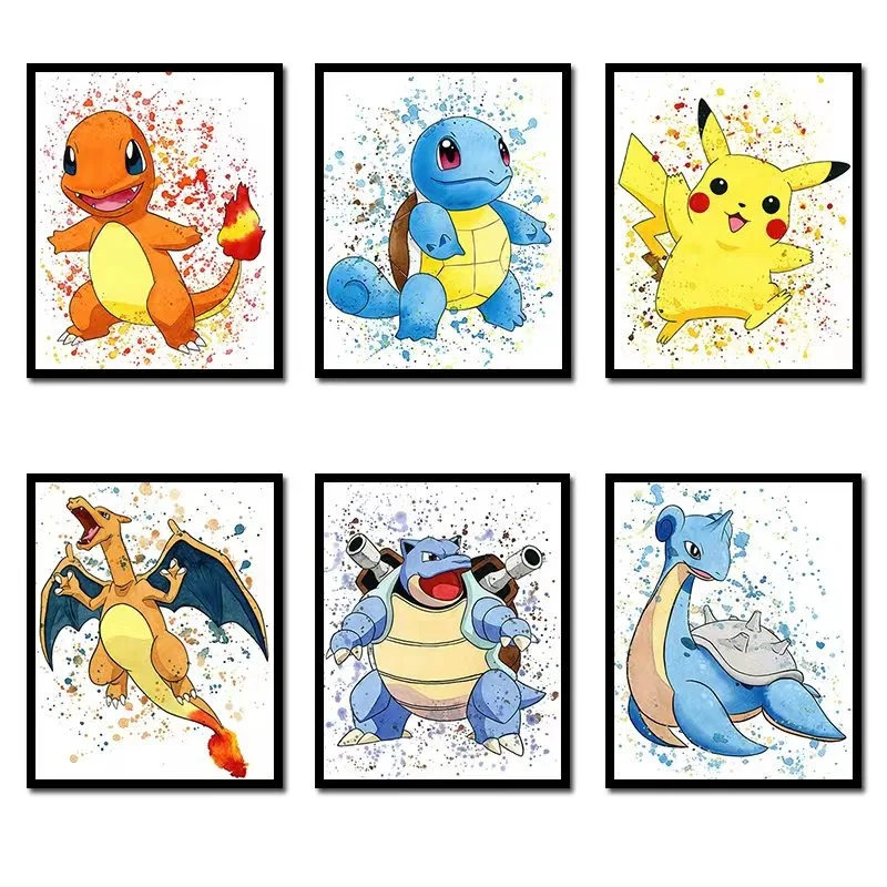 Pintura en lienzo de Pokémon de Anime, póster de Bulbasaur Charmander Squirtle e impresión de acuarela, imagen artística de pared, decoración del hogar Ki