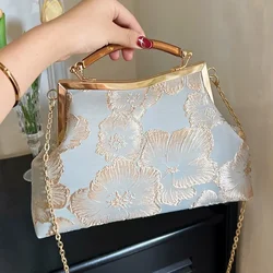 Designer Embroidery Flower Crossbody Bags Lock Shell Clip Handmade Vintage Lady Chic Handbags Evening Clutch Chain Shoulder Bags