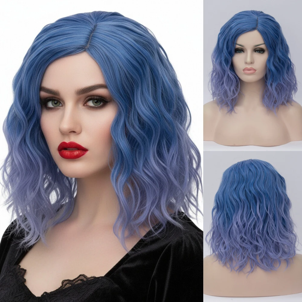 

Short Wavy Blue Ombre Middle Part Wig Women’s Heat Resistant Synthetic Hair for Halloween Cosplay & Casual Glam