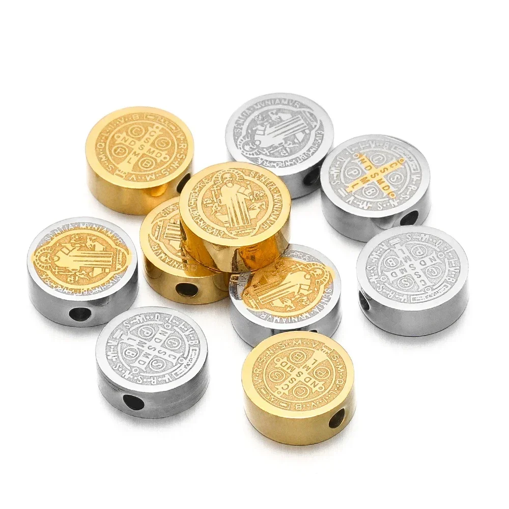 5Pcs Stainless Steel 8mm Jesus Christ Flat Bead Gold Plated Loose Spacer Beads for DIY Jewelry Making Necklace Craft Accessories image 2
