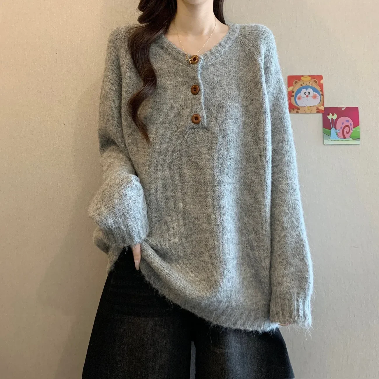 Autunno e inverno stile pigro morbido e ceroso tinta unita casual camicia con fondo allentato top maglione lavorato a maglia stile coreano