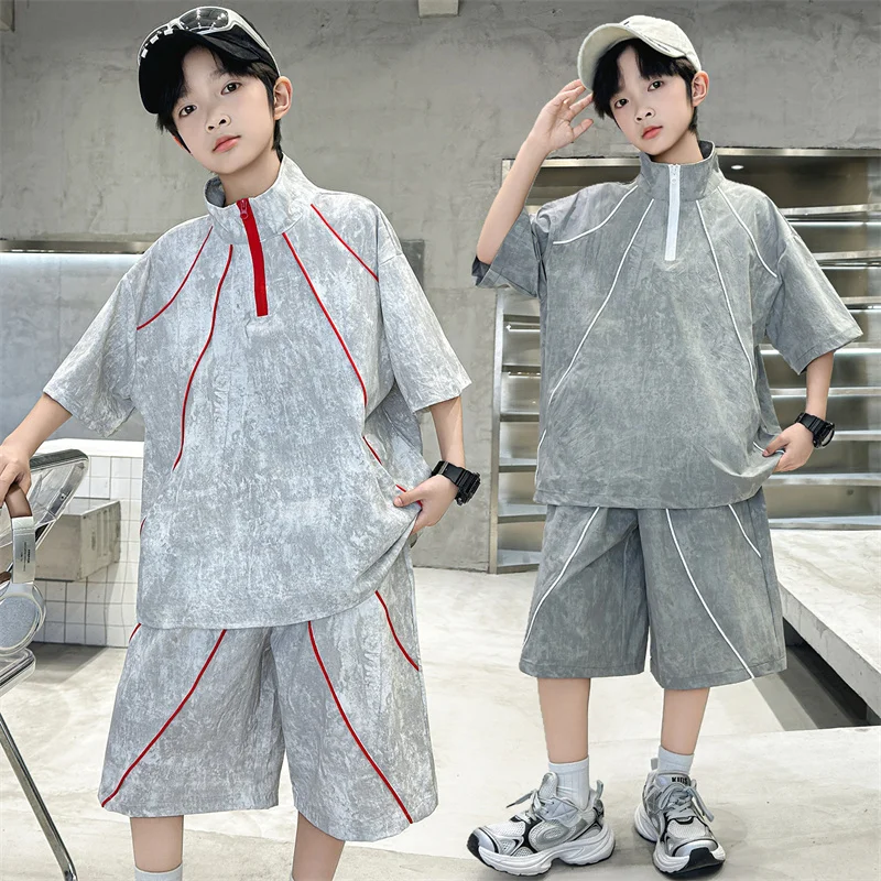 New Summer Kids Top and Bottom Clothes Set for Teen Boys Turtleneck T-shirt Shorts Clothing Suit Children Tie Dye Outfit Wear