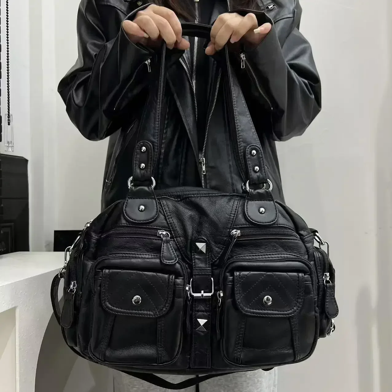 Moda feminina retro vintage quente menina motocicleta sacola com grande capacidade y2k lavado bolsa de ombro de couro vegano