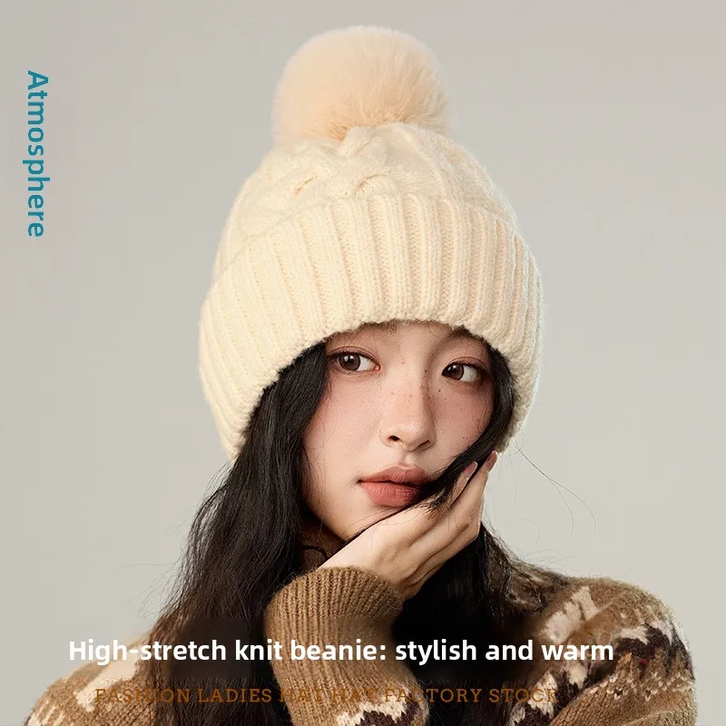 Hot Winter New Breathable Retro Twist Hairball Knitted Hat Korean Fashion Girls Outdoor Windproof Warm Plush Wool Hat Tide