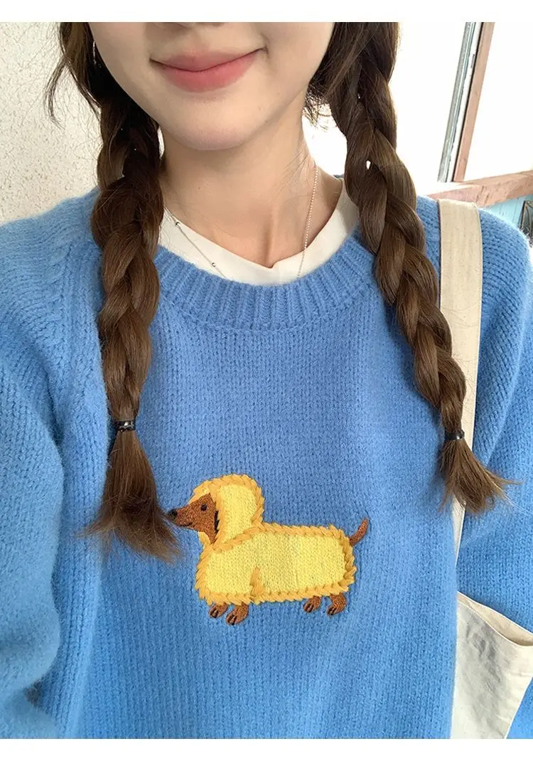 Bild 3: Amerika Hip Hop Lustige Hund Stickerei Cartoon Gestrickte Pullover Gelb Rundhals Bluse Adrette Lolita Mädchen Frauen Winter Tops