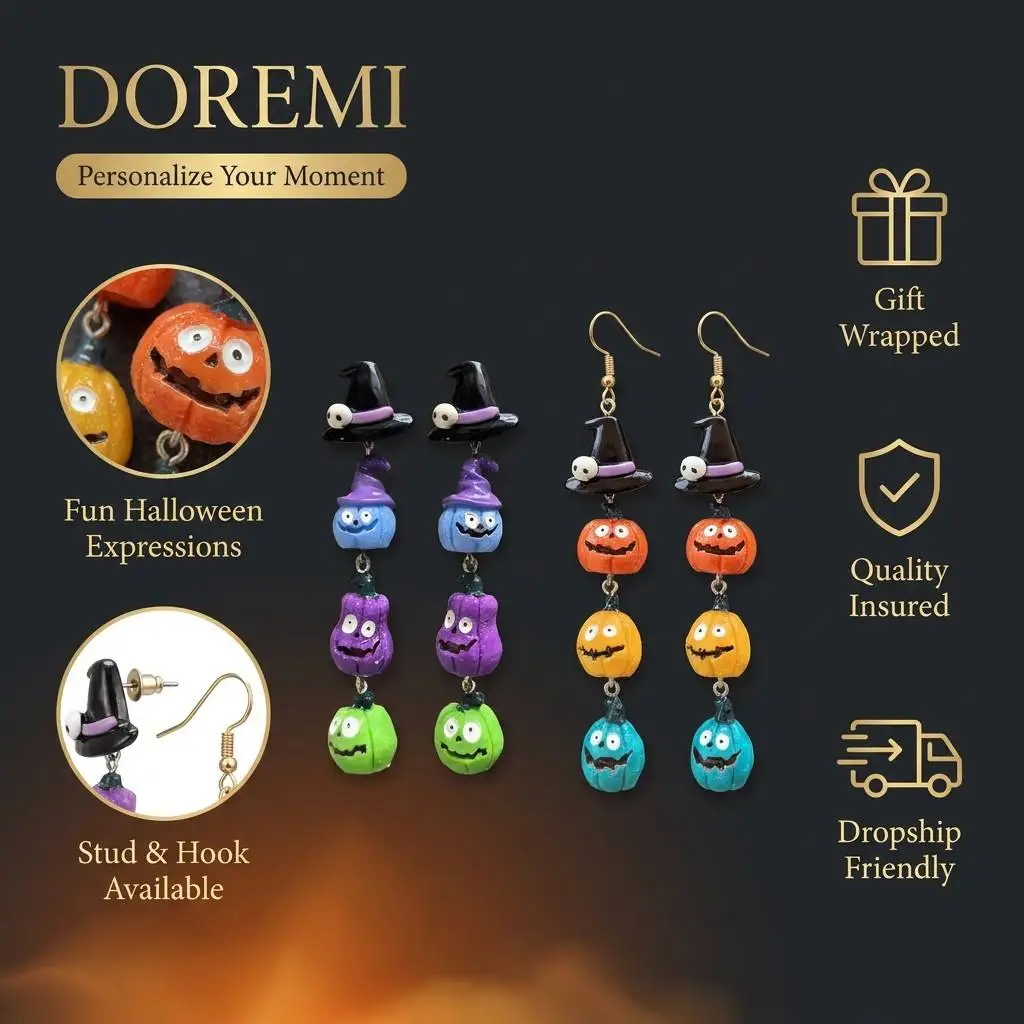 DOREMI Waterproof Stainless Steel Halloween Earrings Pumpkin Witch Hat Spooky Aesthetic Fun Expression Jewelry Gift earrings