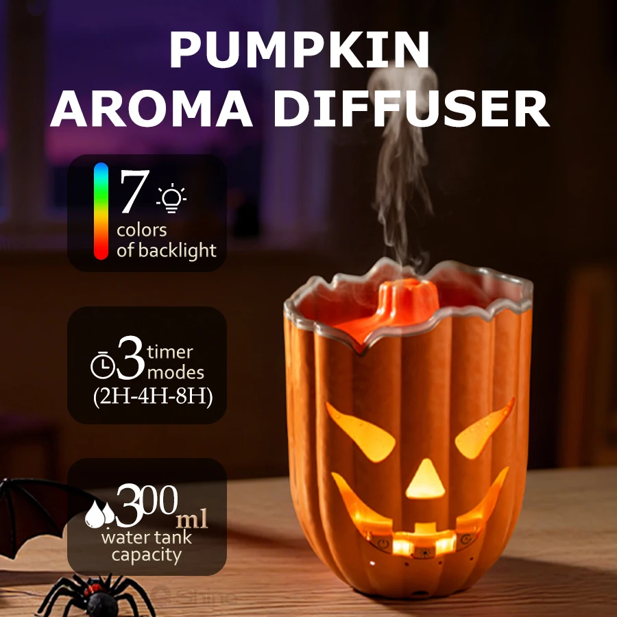 Pumpkin Air Humidifier, 7 Color LED, 2-8H Timer, Quiet Cool Mist, Aroma Essential Oil Diffuser, Halloween Style Home Decor