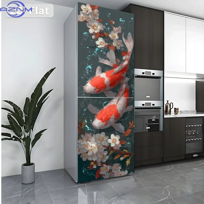 Printing Koi Fish Playing with Flowers Decorative Sticker - Wall Decal, Suitable for Walls and Refrigerators, Modern Kitchen