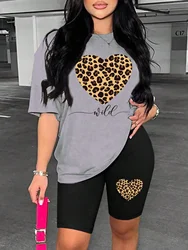 Leopard Heart Pattern Printing Shorts Sets Fashion Cartoon Women'S Two Piece Set Breathable Comfortable Short Sleeved Shorts Set