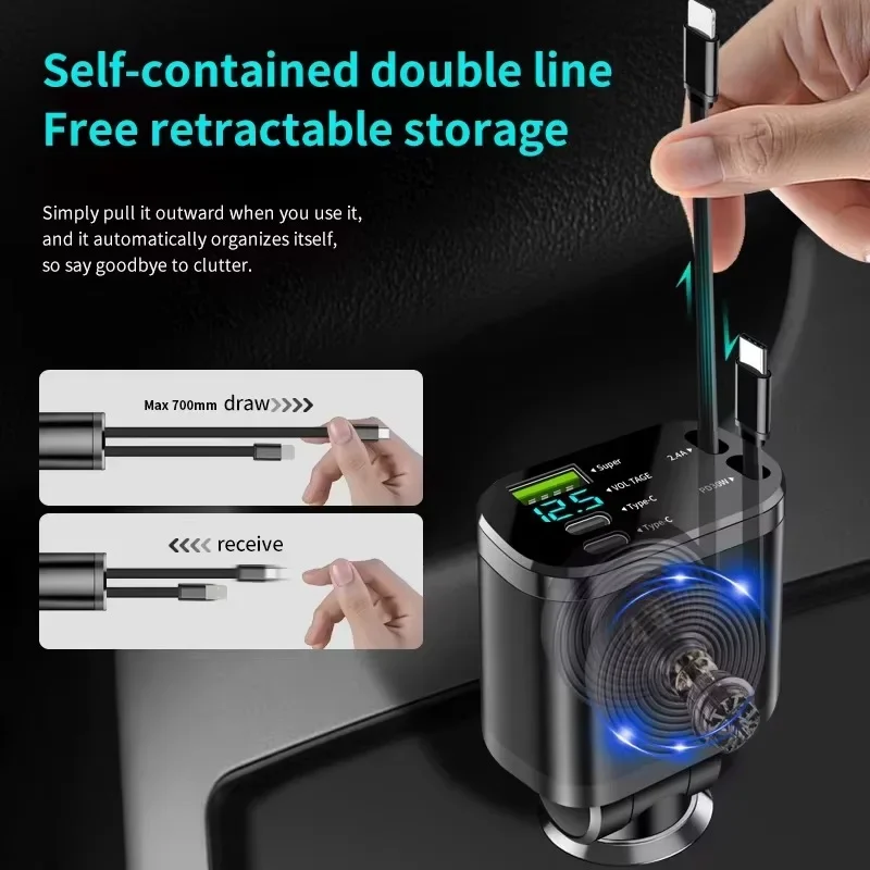 

UYUXIO USB C Car Charger with Retractable Cable 66W Super Fast Charging Adapter with Voltage Display for iPhone 16 15 14 Samsung