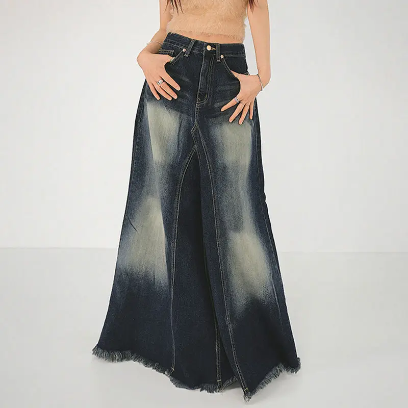 Fishtail Denim Skirt High-Waisted American Retro Distressed Women'S Long Skirt Slimming Slim Hot Girl A-Line Skirt