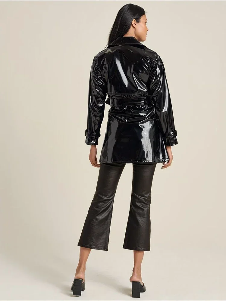 Women PU Leather Jacket Coat With Belt Glossy Patent Leather Trench Overcoat Gothic Black PVC Laple Blazer Suit Pocket Custom