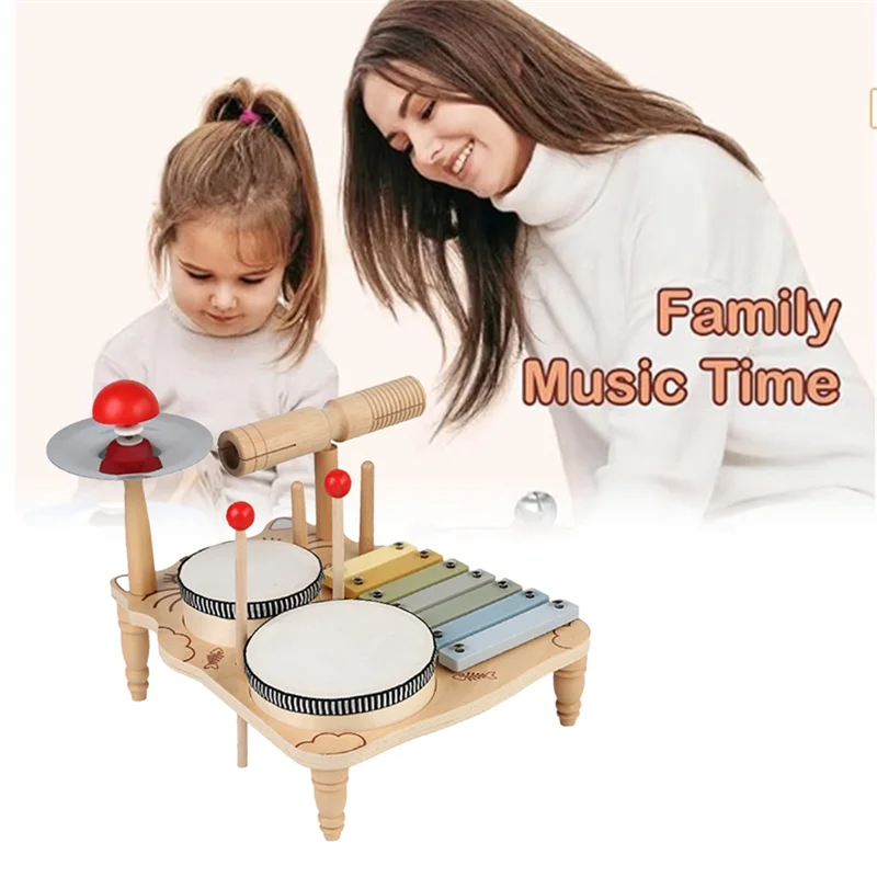 Kids Drum Set For Toddlers Wooden Early Education Beginner Percussion Music Table Children's Drum Rack Set Durable Easy To Use