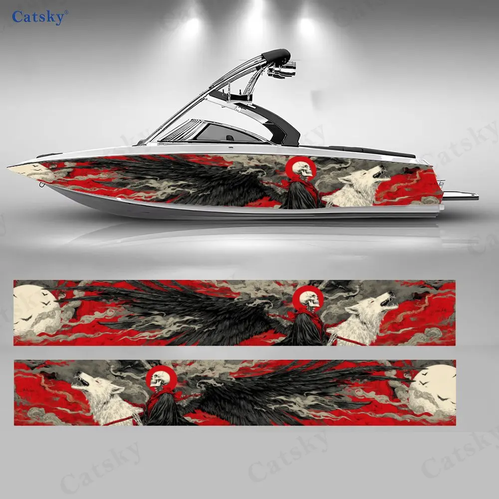 

2Pcs Crimson Flame Grim Reaper Boat Stickers, PVC Waterproof Vinyl Wrap Decals for Fishing Boats, Durable and Stylish Design