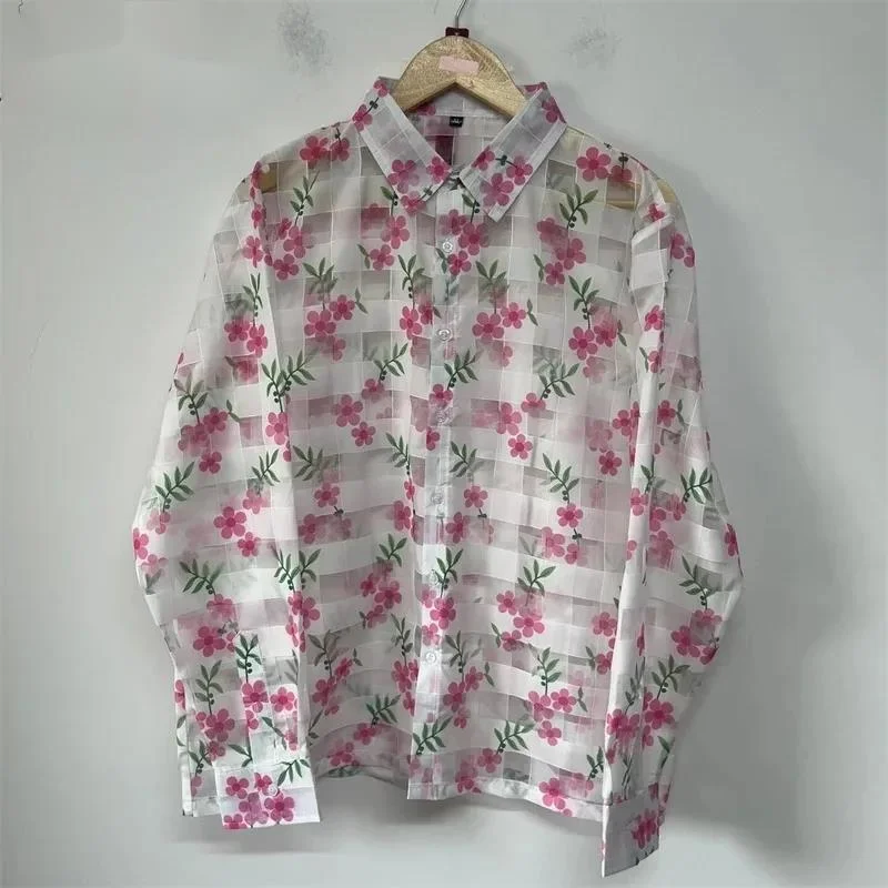 Peach Blossom Print See Through Grid Long Sleeve Shirt Men Loose Turn Down Collar Lightweight Casual All Match Tops NSV45