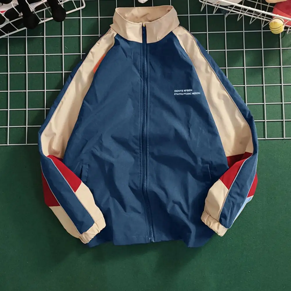 Chaqueta Vintage de bloque de Color para hombre, abrigo de béisbol con cierre de cremallera, cuello levantado, ropa de calle a prueba de viento, primavera y otoño