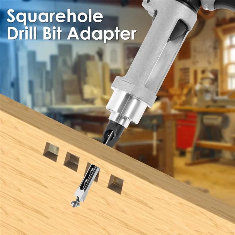 THIVN-Square Hole Drill Bit Adapter With Drill Bits, Mortising Attachment, Aluminum Hole Drill Mounting Bracket, Drill Fixing