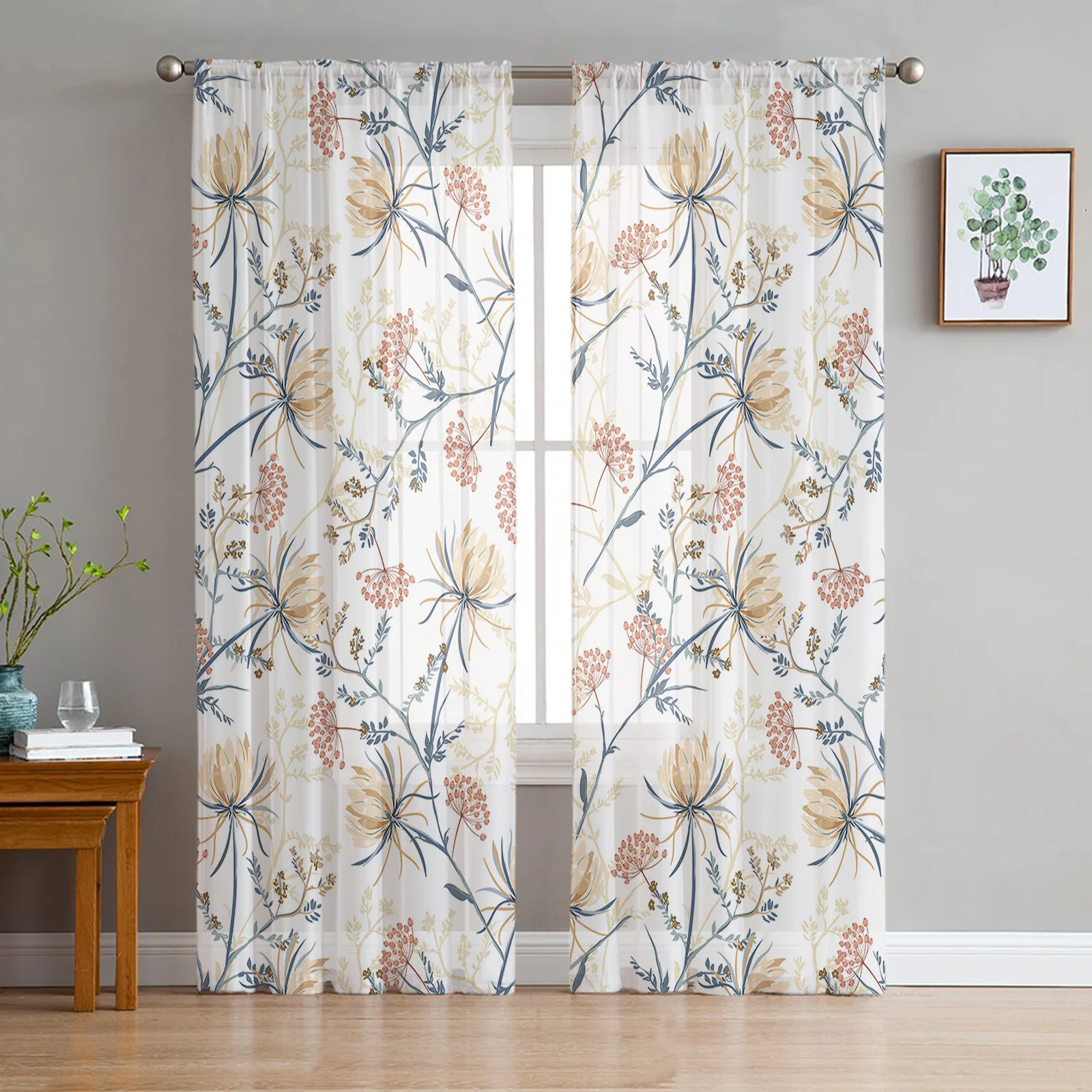 

Snow Lotus Branches Leaves Flower Plant Sheer Curtains for Kitchen Balcony Tulle Voile Curtain Chiffon Drapes Window Treatment