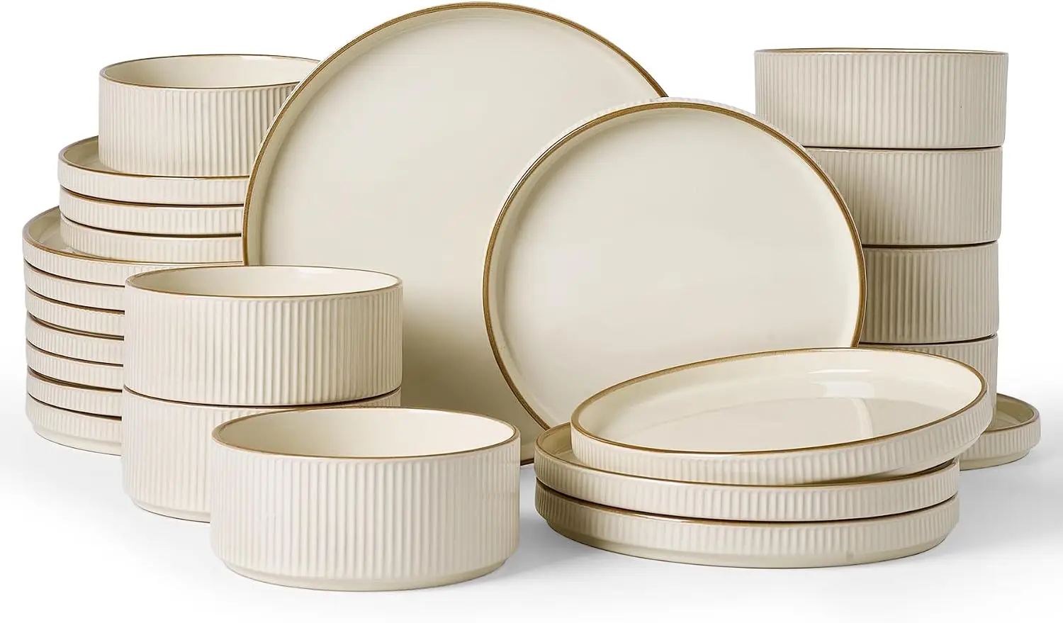 Ceramic Plates and Bowls Sets with Trim, 24pc Ribbed Dishes for 8 | Stoneware Dinnerware, Lipped Edges, Chip & Scratch Resistant