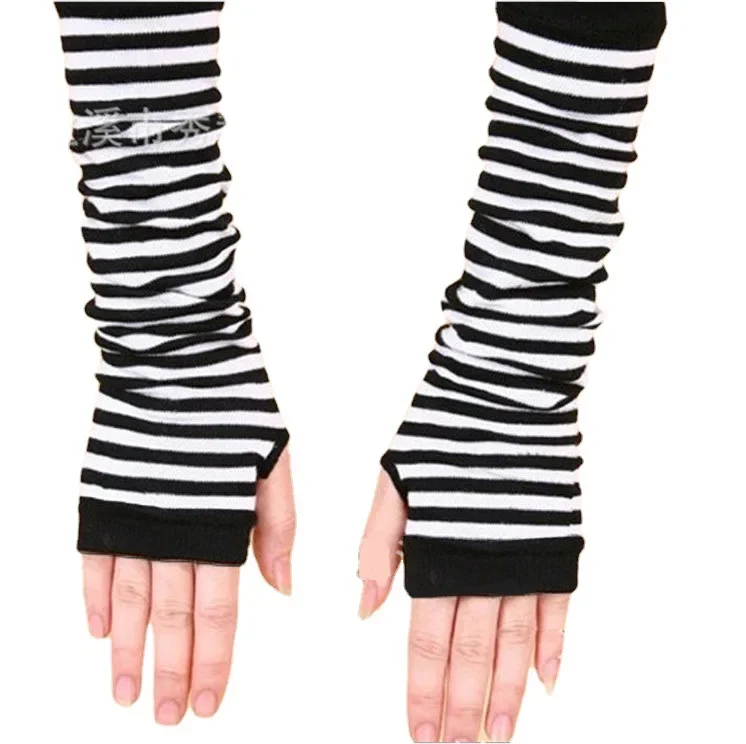 New Fashion Long Glove Arm Cover Classic Pink Black and White Striped Fingerless Elbow Gloves Warmer Knitted  Long  Wristband