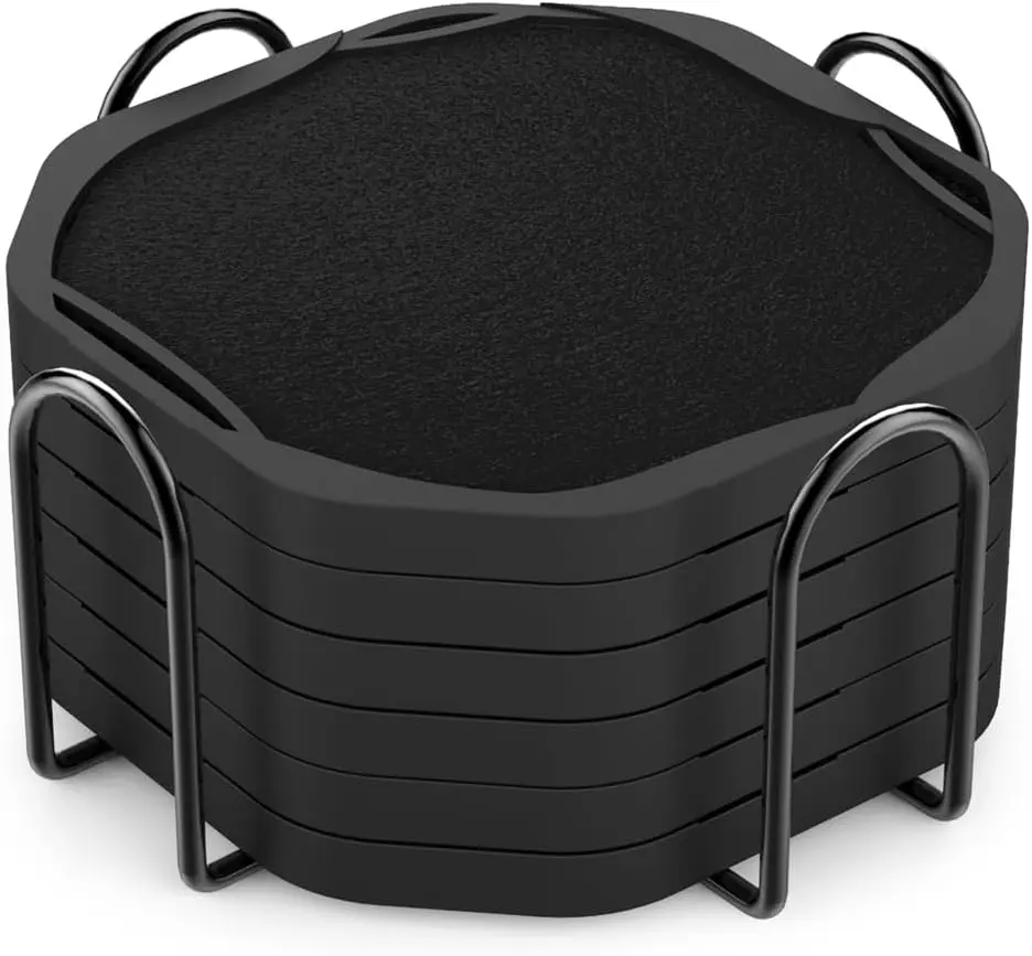 

6Pcs Absorbent Silicone Coasters with Felt Insert and Holder for Coffee Table Decor Drink Cup Mat Small Unique Gift 4 Inch Black