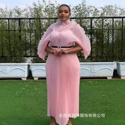 KAF European American Women Elegant Evening Party Dress Solid Color High Neck Loose Large Size Folding Design Casual Dresses