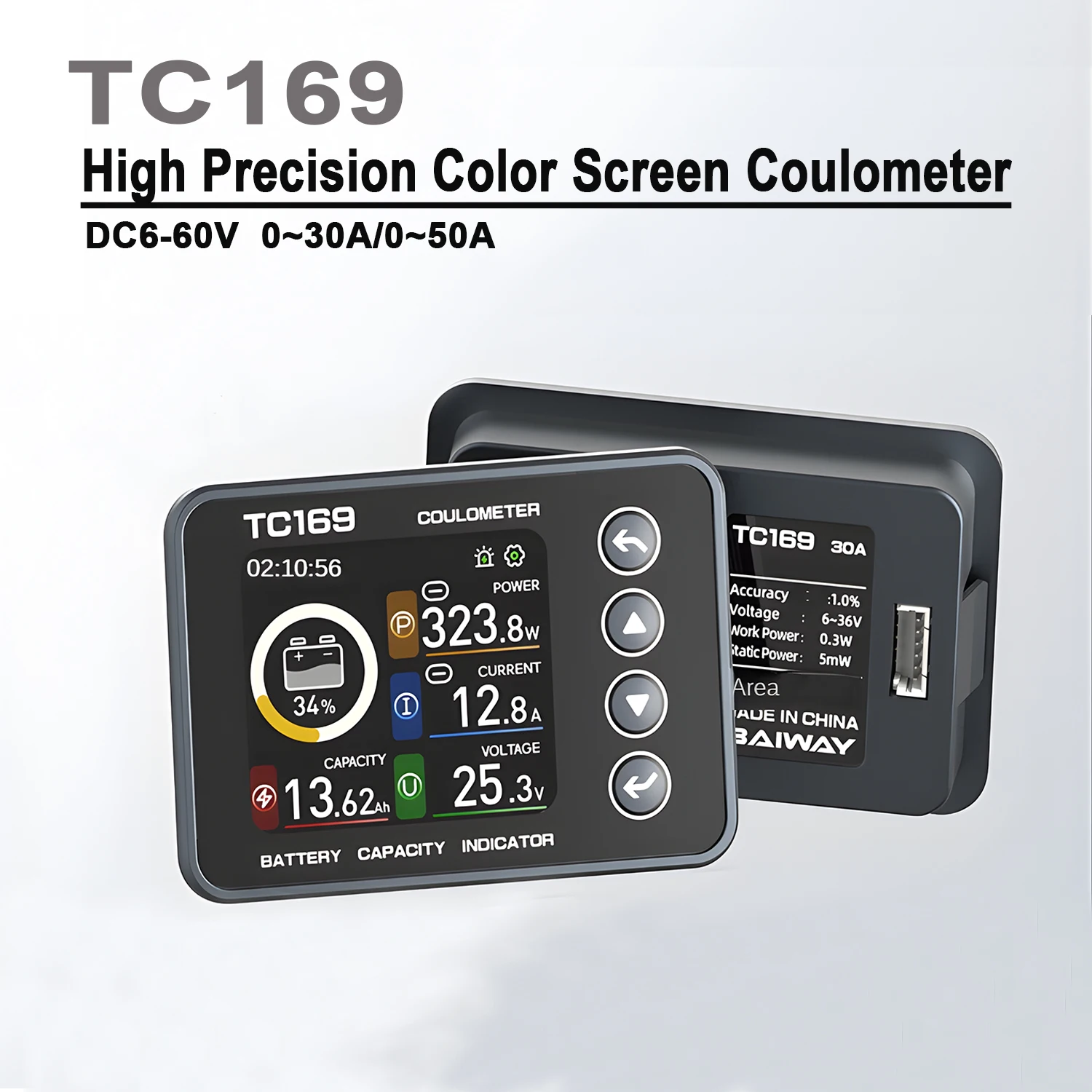 

Высокоточный кулонометр TC169 DC6-60V с цветным экраном, индикатором емкости аккумулятора, измерителем мощности для электромобилей, вольтметр, амперметр