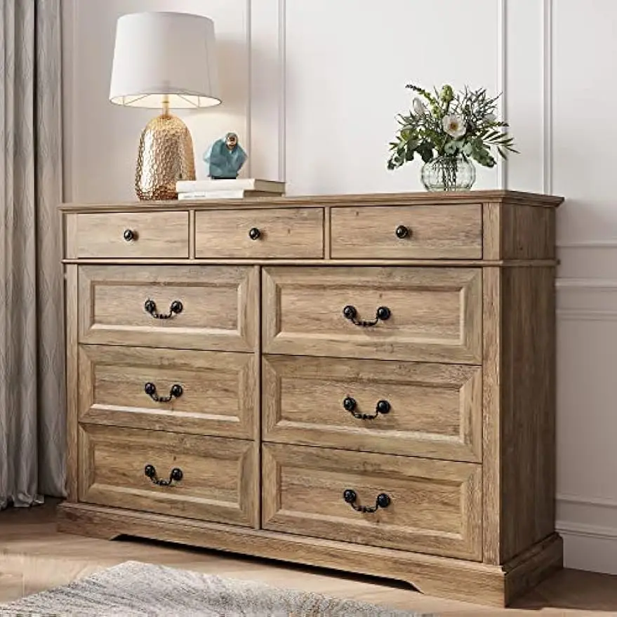 LINSY HOME Dresser for Bedroom, 9 Drawer Long Dresser with Antique Handles, Wood Chest of Drawers for Living Room, Entryway