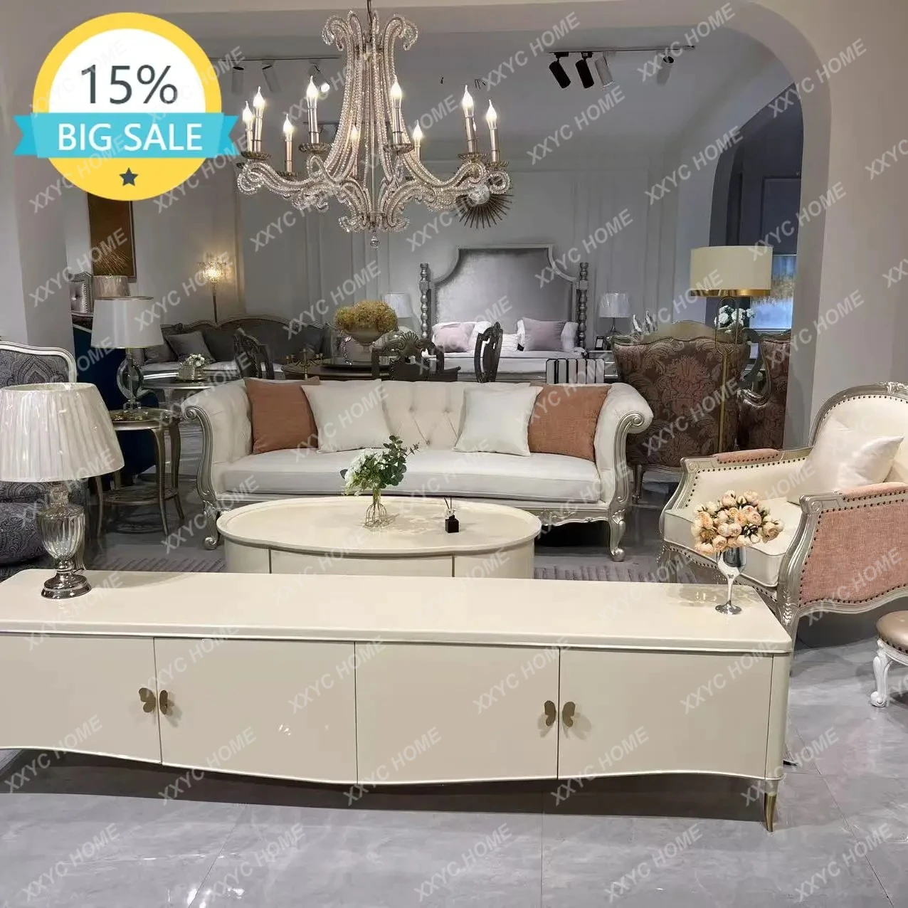 

LLight Luxury Solid Wood Sofa Hand-carved Single And Double Three-person Combination Sofa Villa Furniture