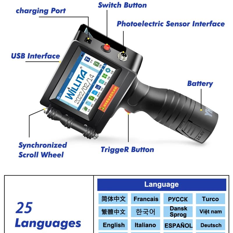 Impressora a jato de tinta handheld do tela táctil do diodo emissor de luz usb inteligente data de produção